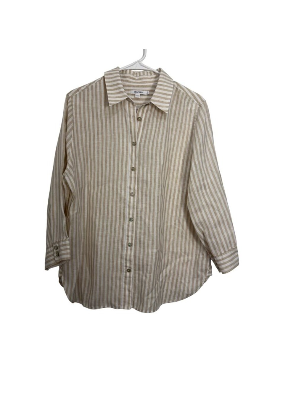 Chicos Beige & White Striped 100% Linen Button Front Tunic Shirt Size 2 U.S. 12